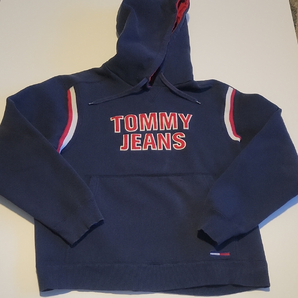 Vintage 90s Tommy Jeans Tommy Hilfiger Red and Navy Hoodie L